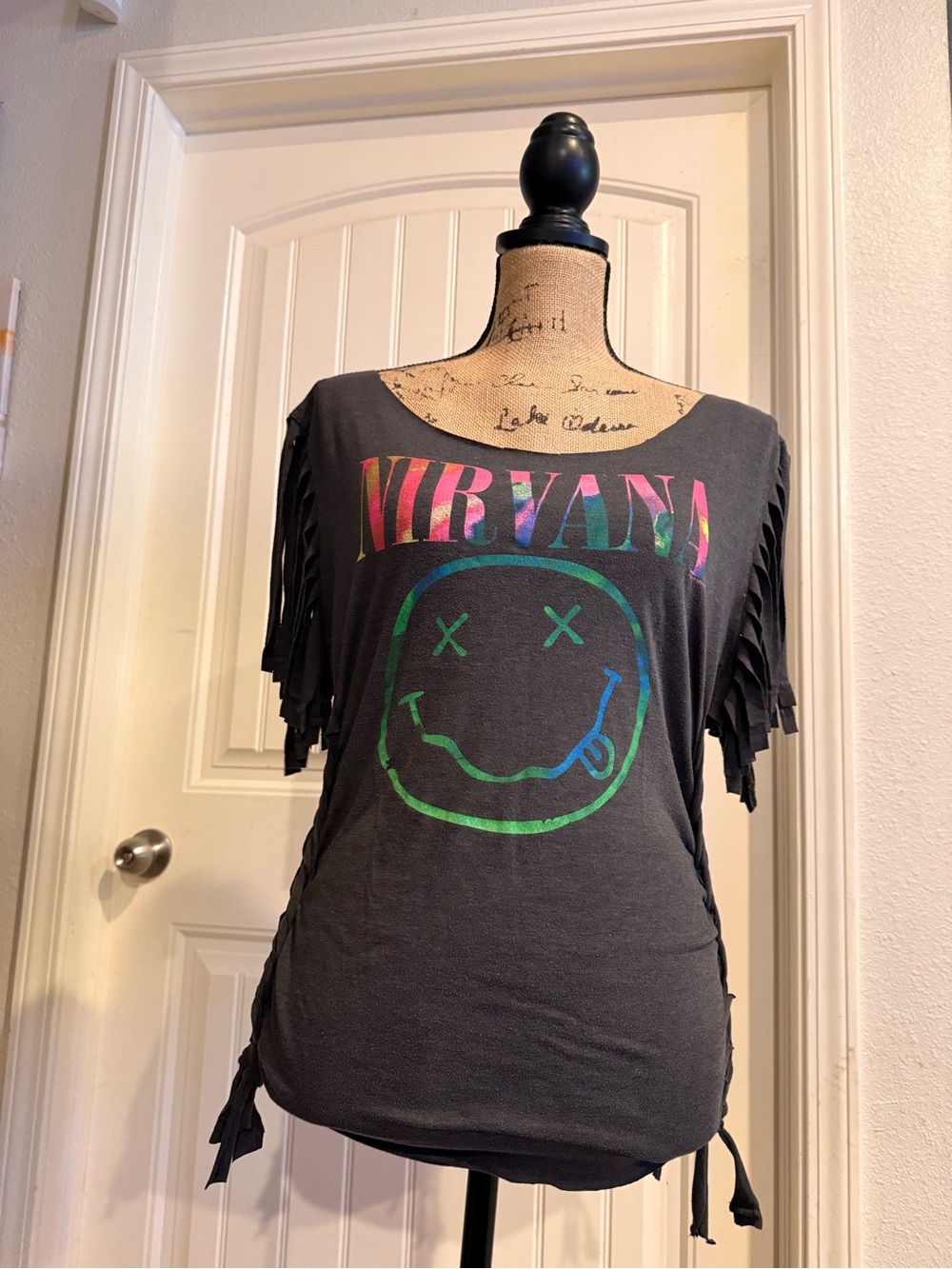 NIRVANA Black Rainbow Logo Fringe Tee - Women's
